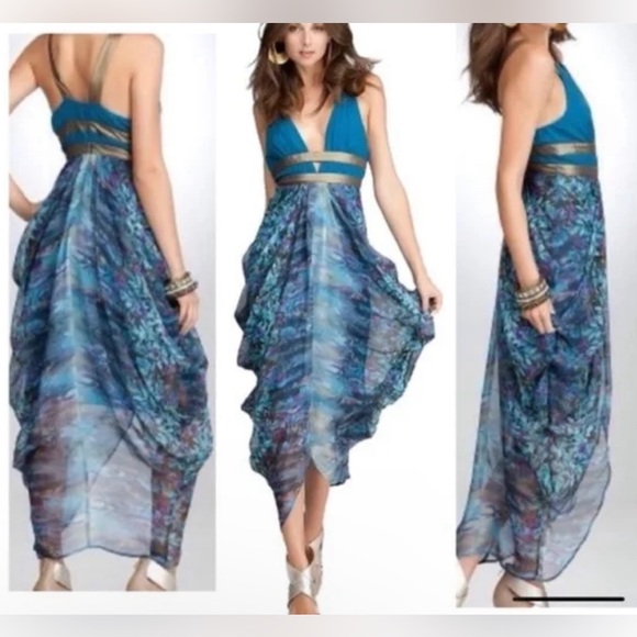 BEBE Goddess silk flowers dress teal and gold size M - Picture 3 of 4